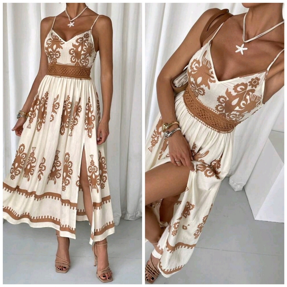 New Boho Floral Print Split Hem Cami Dress Cream Tan - Picture 7 of 9